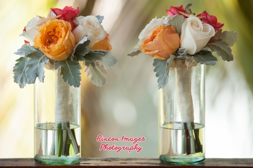 Bridesmaid Bouquets, Orange and White Roses. Rincon wedding photographer Puerto Rico.