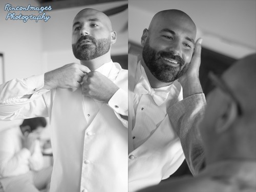 The groom fixes his bow tie before the wedding ceremony in rincon puerto rico. wedding photographer rincon puerto rico