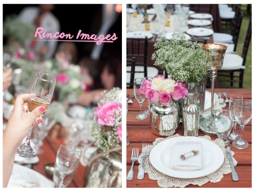 Photograph of a champagne glass and pink roses and white table setting. Lovely wedding decorations for an outdoor garden wedding.