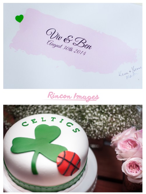 Photograph of a grooms cake with the celtics logo on it. Also in the photograph is a map of the island of puerto rico. Image created by Rincon Images wedding photographer in Puerto Rico.
