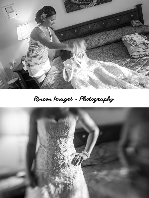 Black and white photograph of the Bride in her hotel room at Villa Cofresi before the wedding ceremony. Photography by Rincon Images Photography, Rincon, Puerto Rico. Wedding photographer Rincon, Puerto Rico.