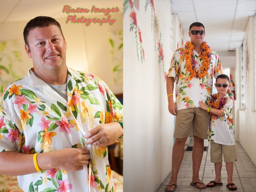 The groom and his son both wearing tropical hawaiin tshirts standing in the hallway at Villa Cofresi in Rincon, Puerto Rico. Photograph by  Rincon Images photography. Wedding photographer in Rincon Puerto Rico.