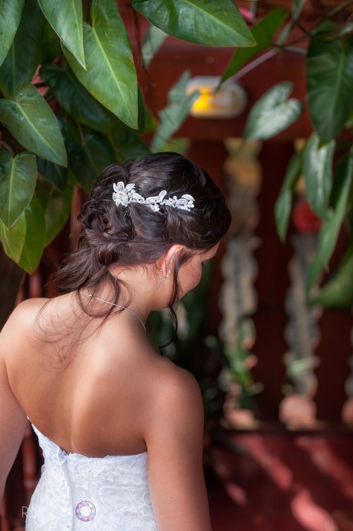 Bride wearing a white dress on her wedding day on Culebra Island in Puerto Rico. This wedding photograph was taken on Culebra Island in Puerto Rico by Rincon Images Photography.
