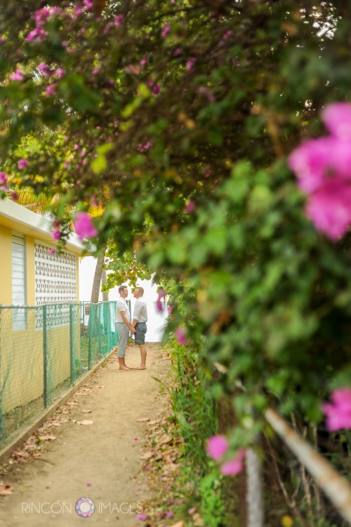 Cory and Steven in the seaside bougainvillea garden by their LGBT wedding celebration in Rincon, Puerto Rico.