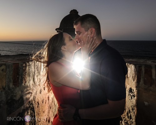 I love using a lens flare in this kind of location, it really adds to the romantic sunset mood. This particular location in Viejo San Juan, Puerto Rico is on Calle Norzagary.  Photography by Rincon Images wedding photographer Puerto Rico.