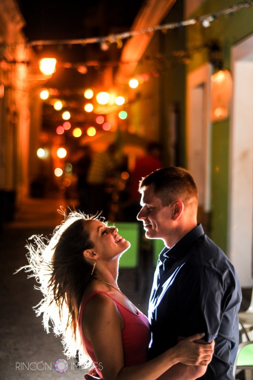 This was the last spot we stopped during Heather and Jerods engagement photography session. I'm so happy they were up for just a few more photographs. When the sun goes down in Viejo San Juan the city lights come up and make for wonderful photographs. Photograph by Rincon Images wedding photographer Puerto Rico.