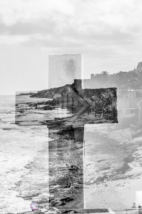 This double exposure is of a tombstone and the view of the coastline from the western part of the cemetery. There is a community in Viejo San Juan called La Perla that you can see from the cemetery. 